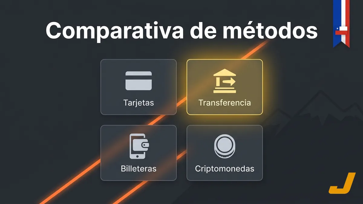 Comparativa visual de tarjetas, transferencia, billeteras electrónicas y criptomonedas para pagar en Juegalopro Chile